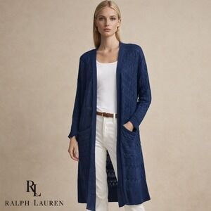 Lauren Ralph Lauren Navy Blue Open Knit Cable Longline Duster Cardigan‎ Size M